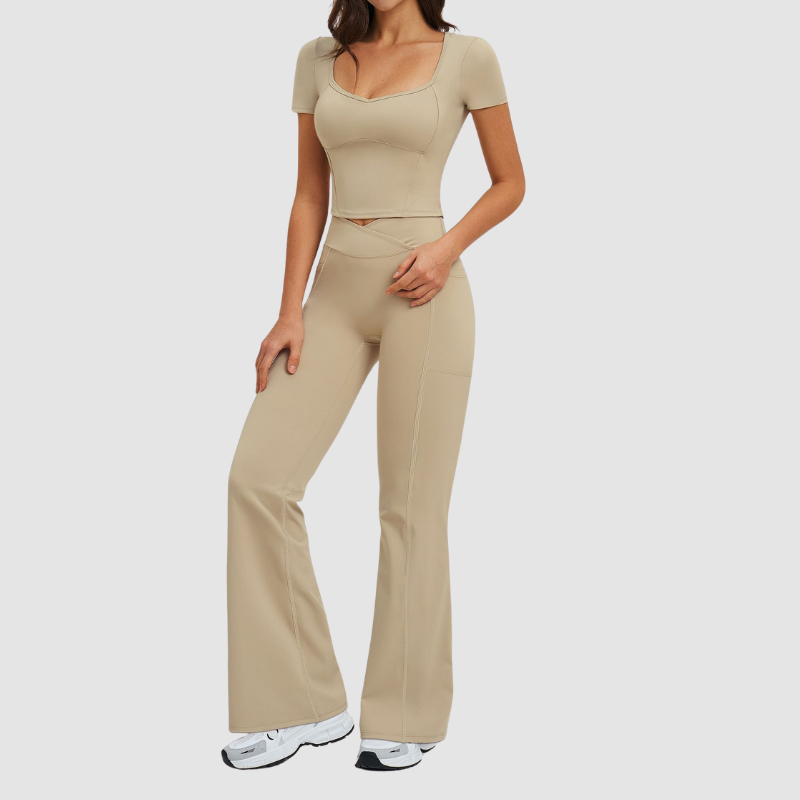 Wholesale square-neck crop top + high-waisted flared pants