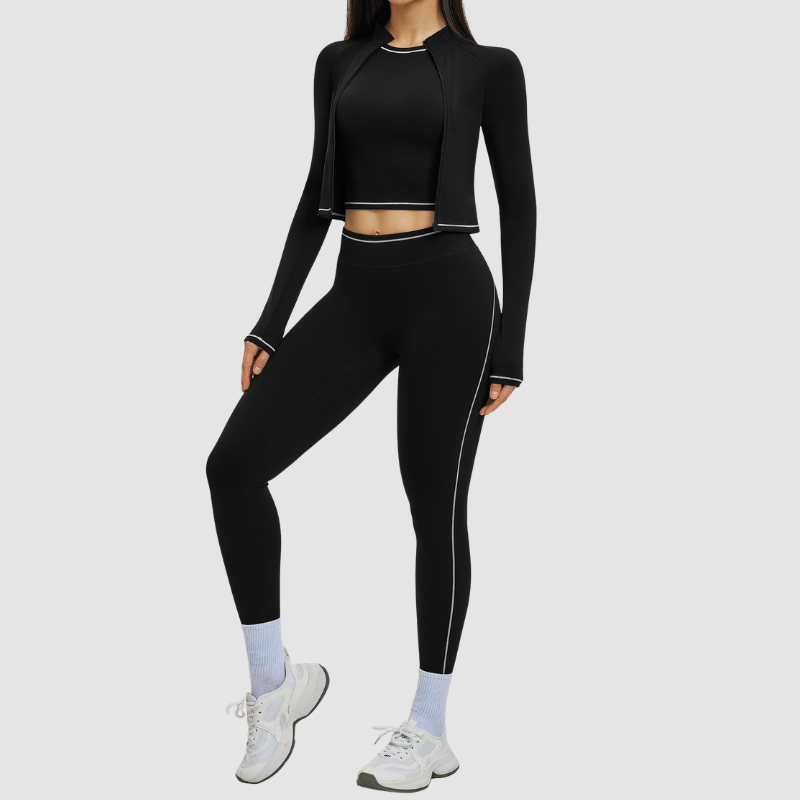 Color blocking nude sports jacket+Sport Bra+Legging running fitness 3-piece set