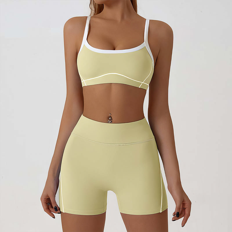 Wholesale color-blocked sports bra + high-elasticity shorts