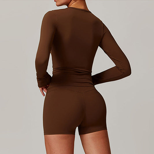 Brushed long sleeve yoga top + High-waisted shorts 2-piece set