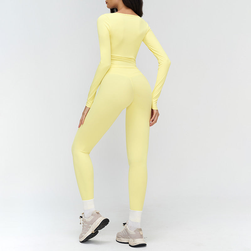 V-neck slim-fit long-sleeved top + High waist leggings 2-piece set