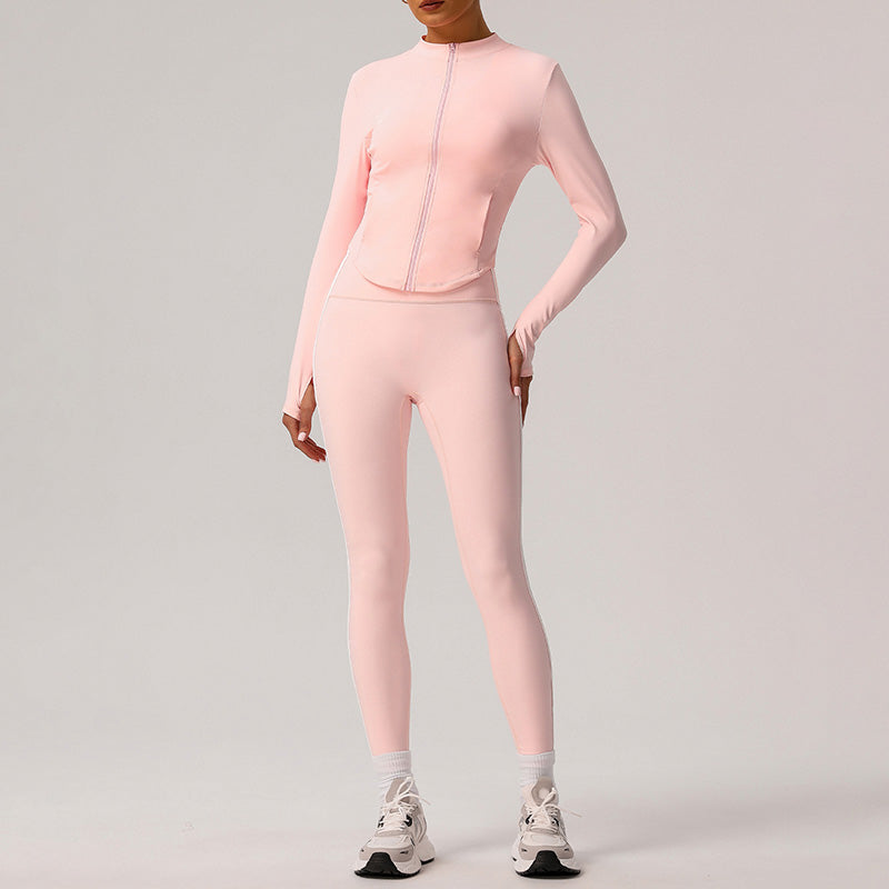 Stand-Collar Cropped Jacket + High-Waisted Color-Blocked Leggings 2-Piece Set