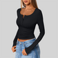 Wholesale Women's Button V-Neck Long Sleeve Ribbed Knit Top
