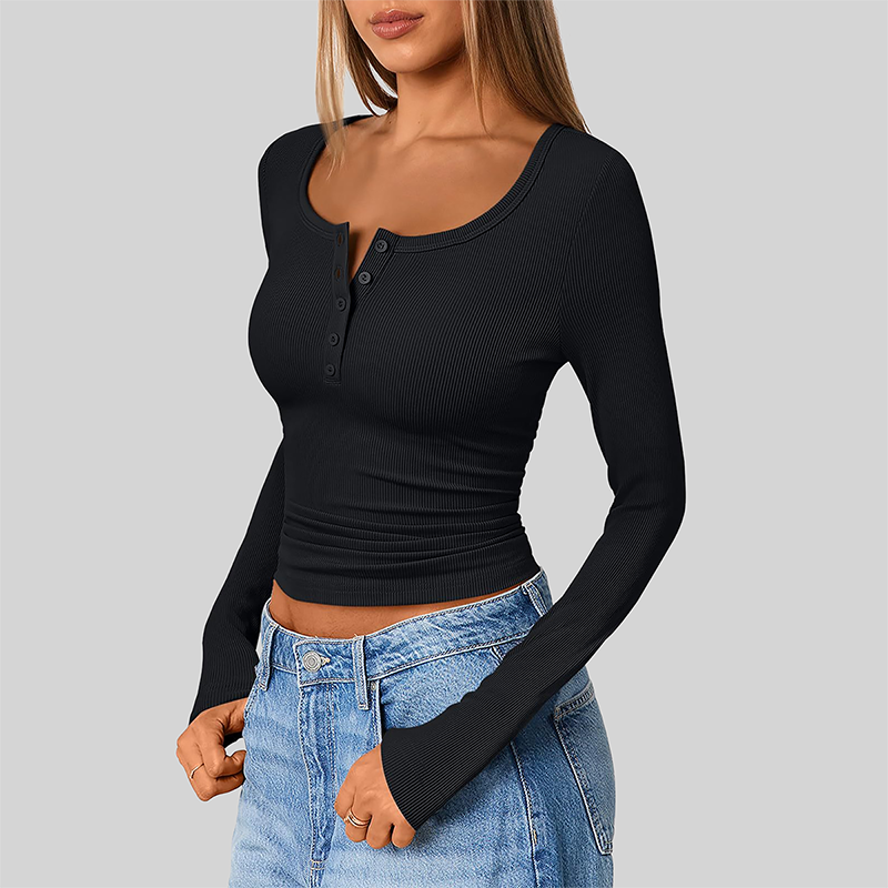 Wholesale Women's Button V-Neck Long Sleeve Ribbed Knit Top