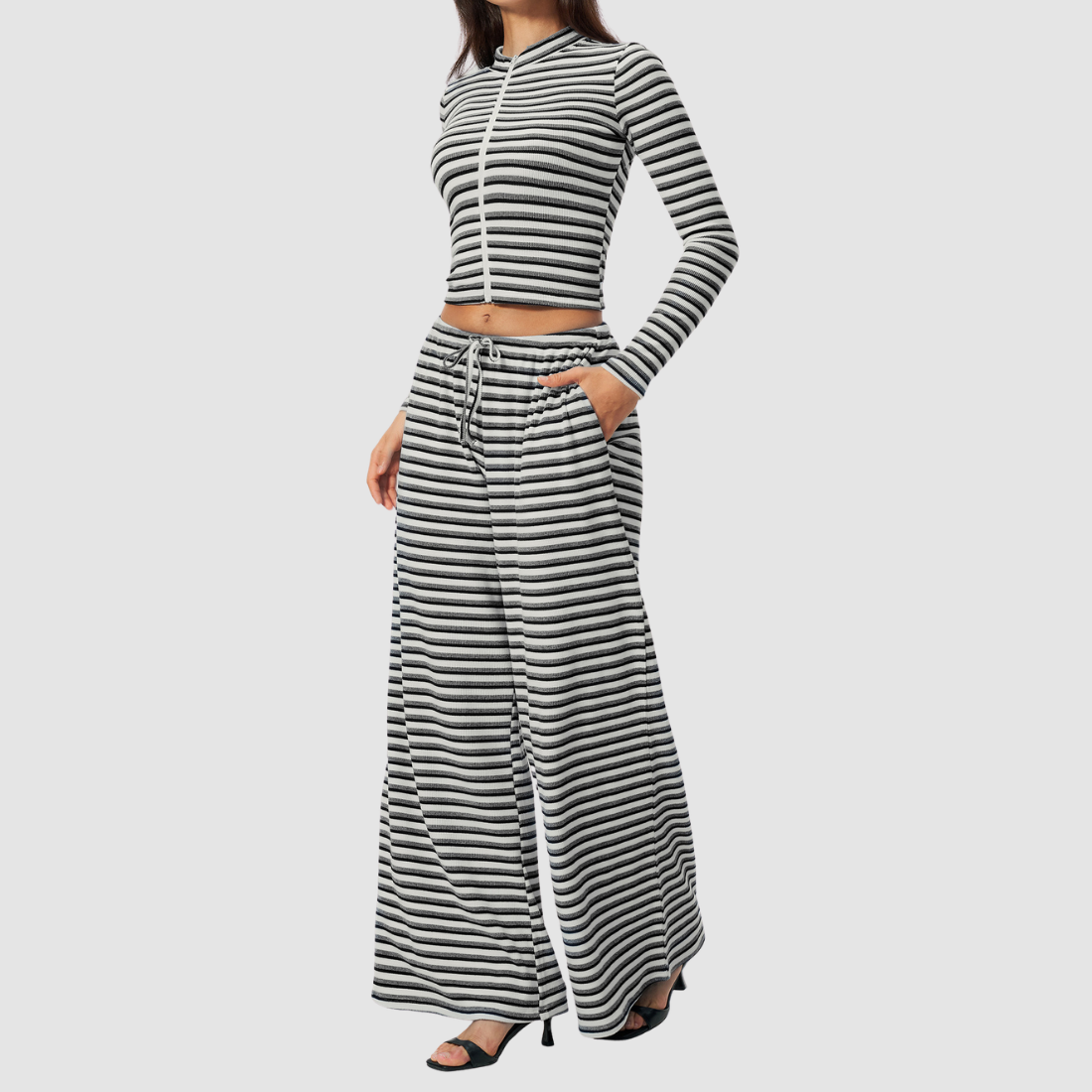 Wholesale Women's Stripe Yoga Set: Zip Stand-Collar Jacket & Wide-Leg Pants