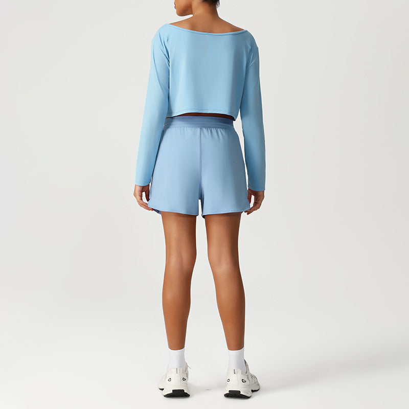 Quick-Drying Cropped Long Sleeves + Drawstring Shorts 2-Piece Set
