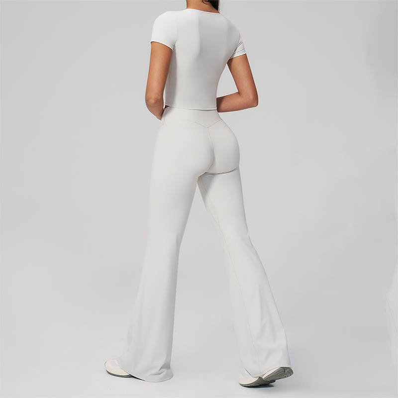 Wholesale Seam-Detail Cropped T-Shirt & Flare Leggings Set – Brushed Yoga 2-Piece