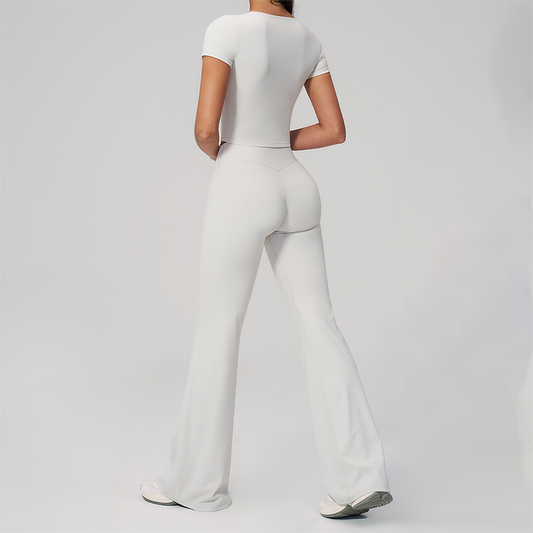 Wholesale Seam-Detail Cropped T-Shirt & Flare Leggings Set – Brushed Yoga 2-Piece