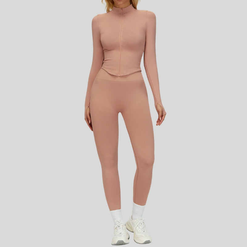 Seamless Long Sleeve Full Reißverpackungsjacke + Leggings 2-teiliger Set