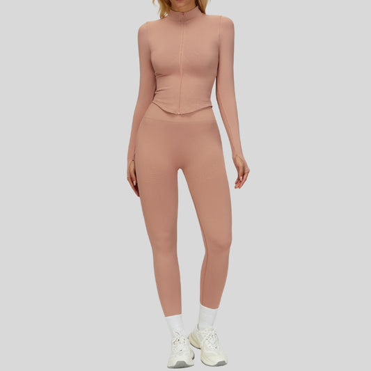 Seamless Long Sleeve Full Zipper Jacket + leggings 2-piece Set
