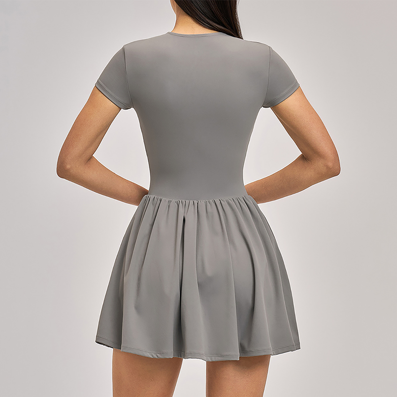 Solid Half Zipper Pleated Anti-Exposure Tennis Dress