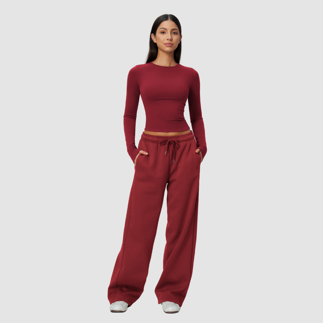 Wholesale Women's Nylon Spandex Activewear Set - Long Sleeve Tops & Wide-leg Pants