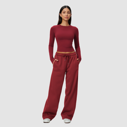 Wholesale Women's Nylon Spandex Activewear Set - Long Sleeve Tops & Wide-leg Pants