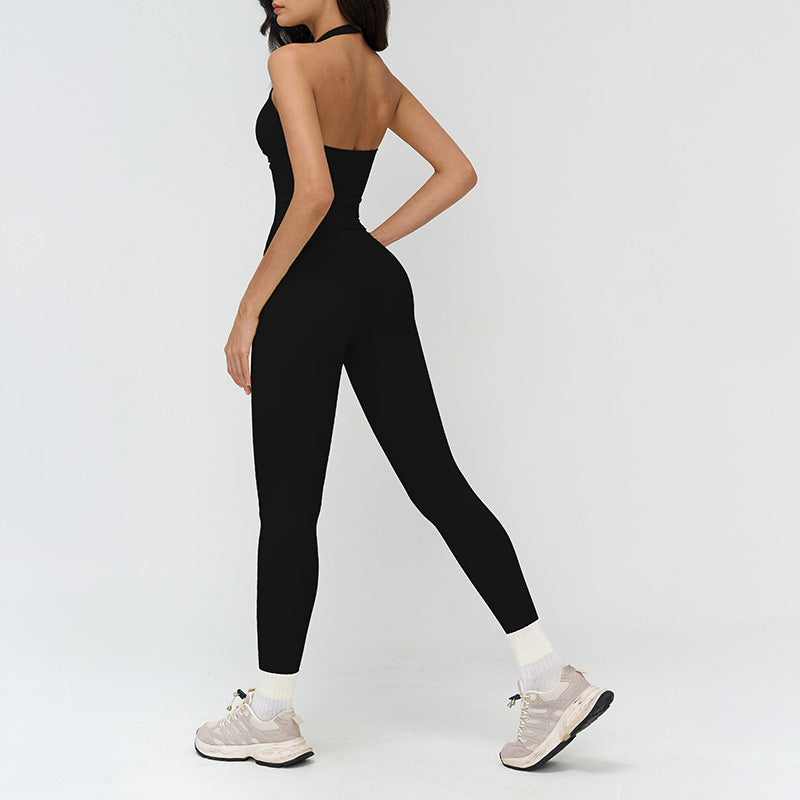 Halter neck backless tank top + high-waisted leggings 2-piece set