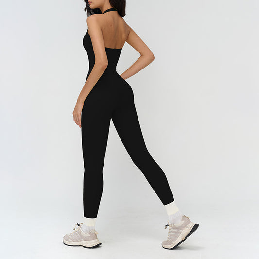 Halter neck backless tank top + high-waisted leggings 2-piece set