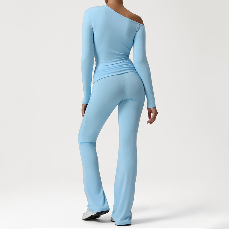 One-Shoulder Long Sleeve top + Crossover Waist Flared Pants 2-Piece Set