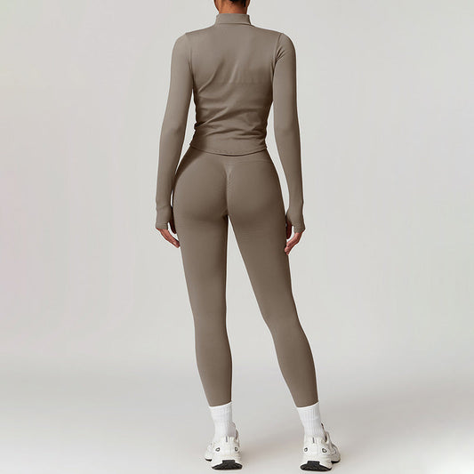 Seamless Long Sleeve Full Zipper Jacket + leggings 2-piece Set