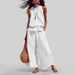 Wholesale Women's Ruffle Neck Sleeveless Top & Wide-Leg Pants Vacation Set