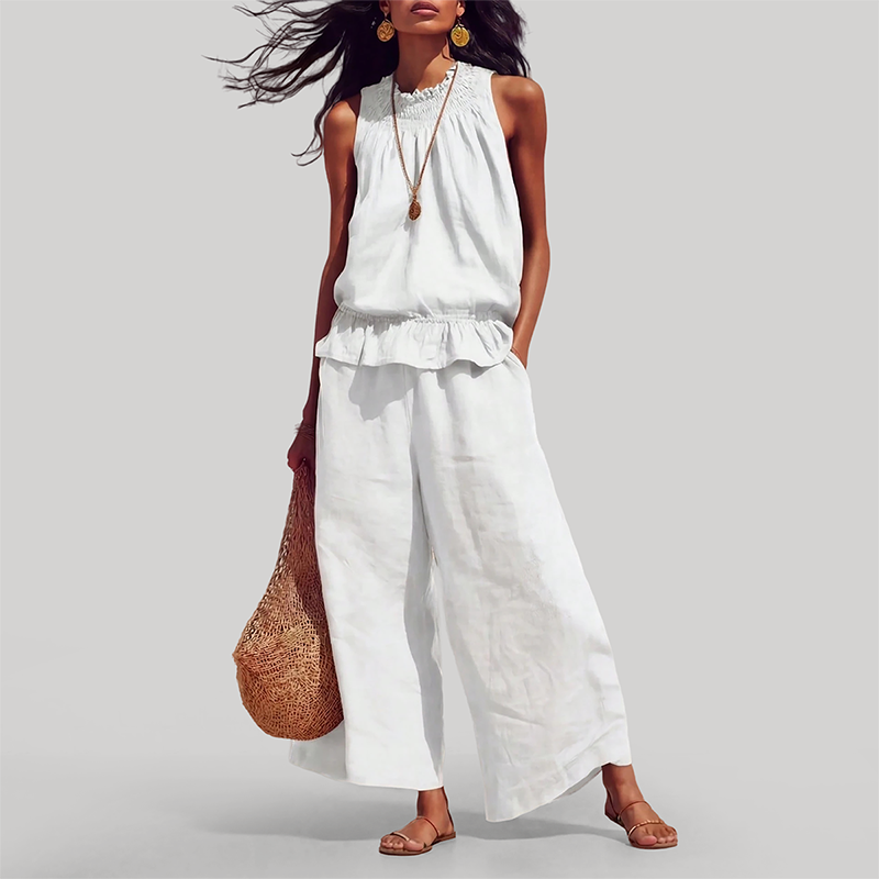 Wholesale Women's Ruffle Neck Sleeveless Top & Wide-Leg Pants Vacation Set