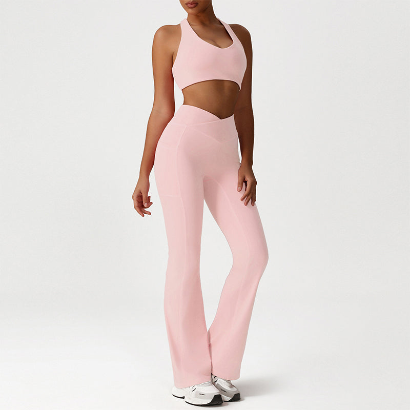 Cross-Back Sports Bra + Flared Leg Pants 2-Piece Set