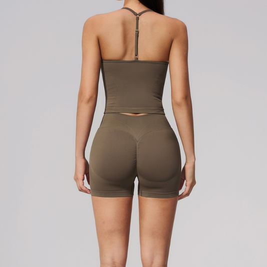 Wholesale Women's Halter V-Neck Seamless Yoga Set – High-Waist Butt-Lifting Sports Bra & Shorts