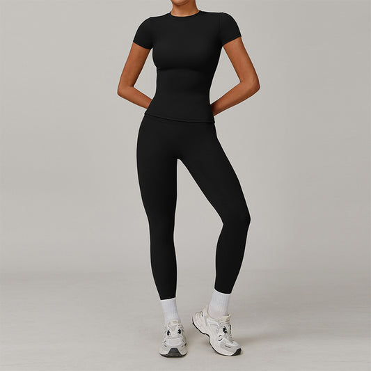 Top deportivo de manga corto cepillado + Leggings de cintura alta de 2 piezas