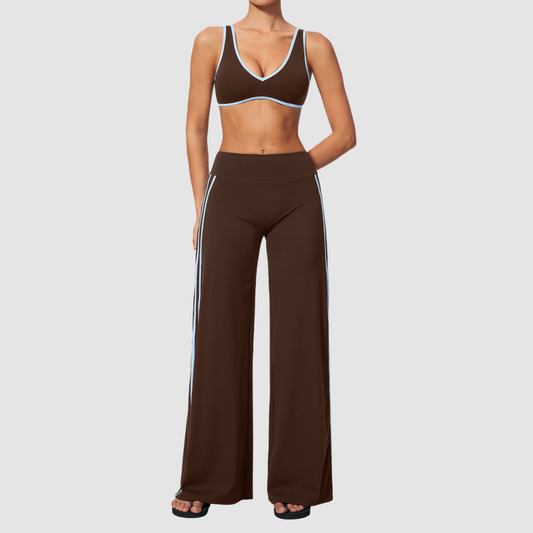 Nude-feel deep V bra + high waist + high-waisted color-blocked pants 2-piece set