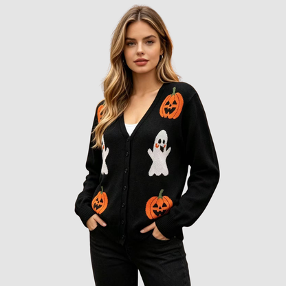 Wholesale Women's V-Neck Halloween Witch Pumpkin Lantern Cardigan