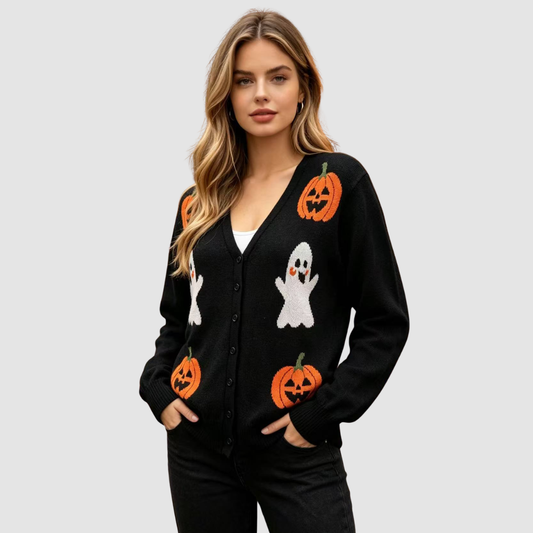 Wholesale Women's V-Neck Halloween Witch Pumpkin Lantern Cardigan