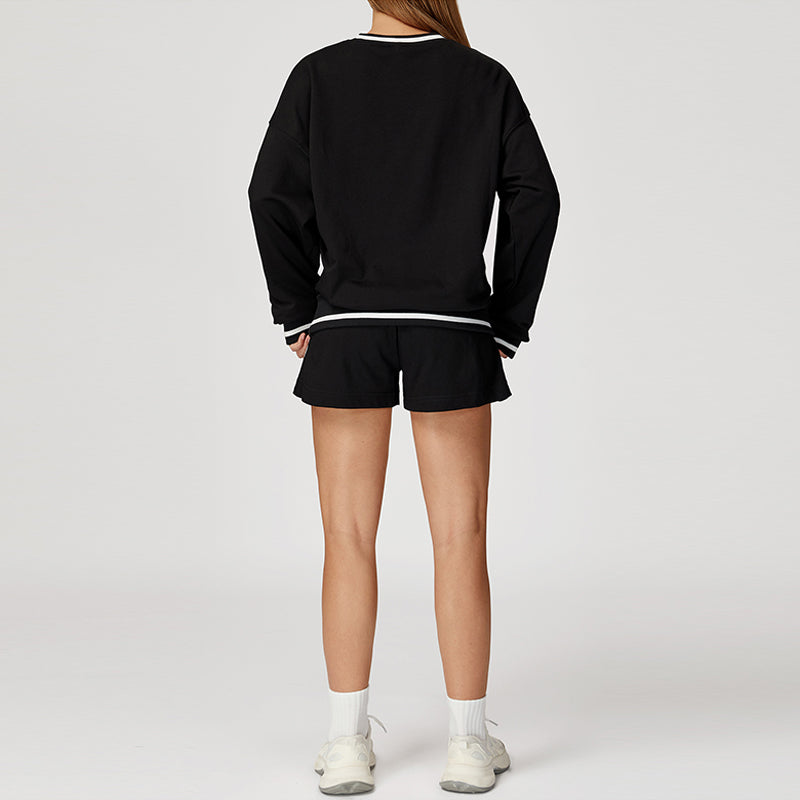 Contrasting Color long sleeve Sweatshirt + loose shorts 2 pieces set