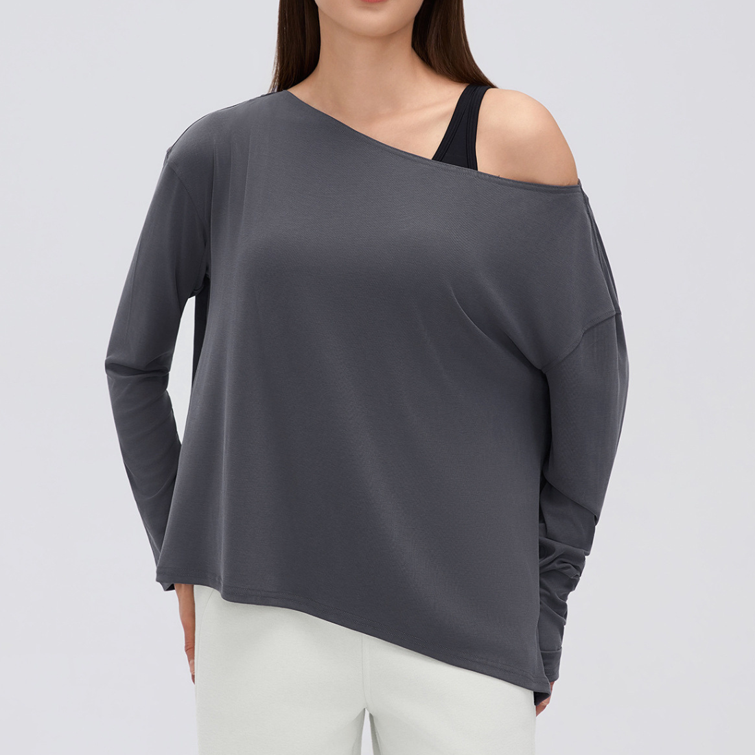 Wholesale Women's Activewear Loose Asymmetric-Shoulder Long-Sleeve Yoga Top