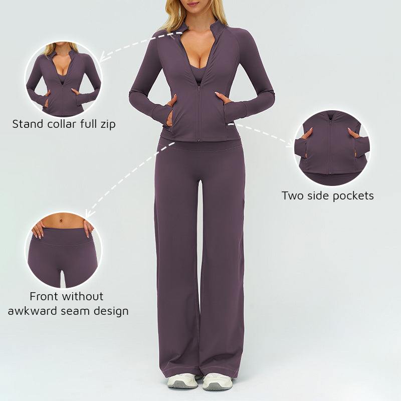 Stand collar zipper jacket + high-waisted loose wide-leg pants 2-piece set