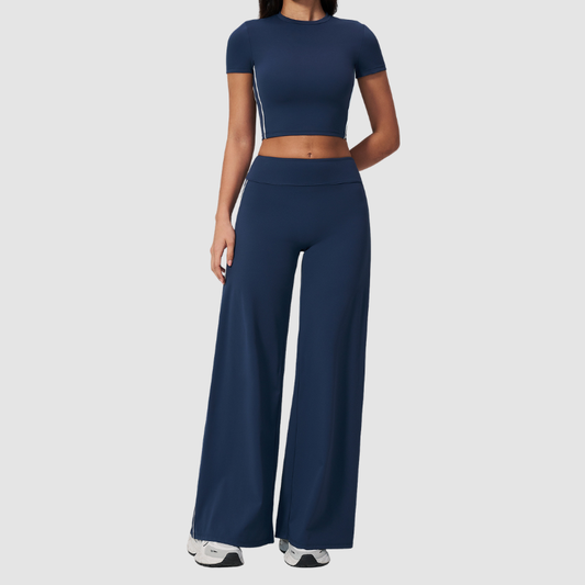 Wholesale Women's Brushed Short Sleeve Crop Top & Wide-Leg Pants Set – Padded Yoga Fitness 2-Piece