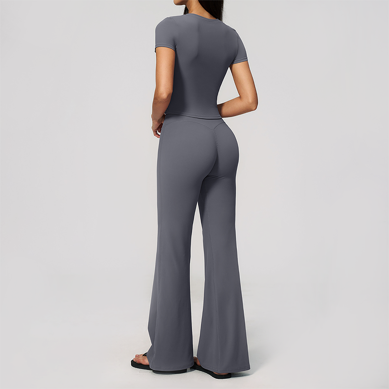 Wholesale Women's Buttery Soft Short Sleeve Crop Top & Flare Pants Yoga Set