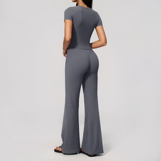 Wholesale Women's Buttery Soft Short Sleeve Crop Top & Flare Pants Yoga Set