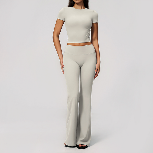 Wholesale Women's Buttery Soft Short Sleeve Crop Top & Flare Pants Yoga Set