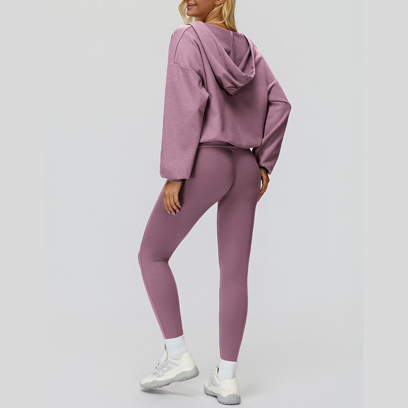 V-neck large hooded jacket+Sports tank top+High-waisted leggings 3-piece set