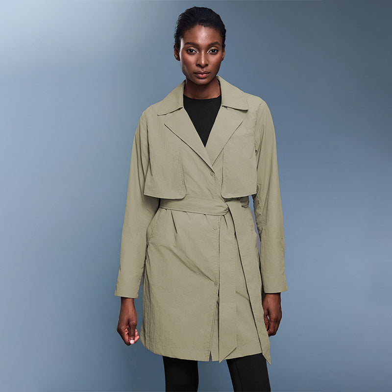 Belted mid-length trench coat for women