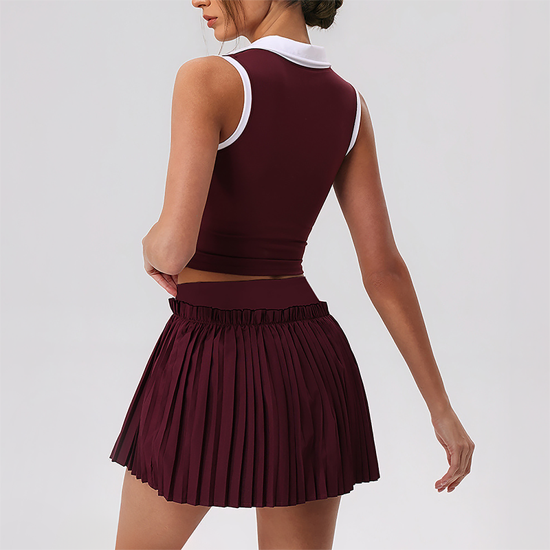 Wholesale Women's Halter Neck Sports Bra & Pleated Mini Skirt Set with Chest Pad