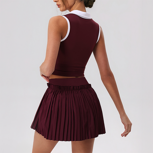 Wholesale Women's Halter Neck Sports Bra & Pleated Mini Skirt Set with Chest Pad