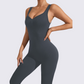 V-neck backless ribbed wide leg double strap yoga jumpsuit