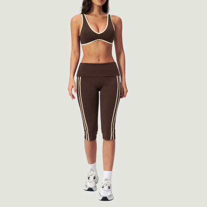 Wholesale color-blocked V-neck sports bra & striped cropped pants set