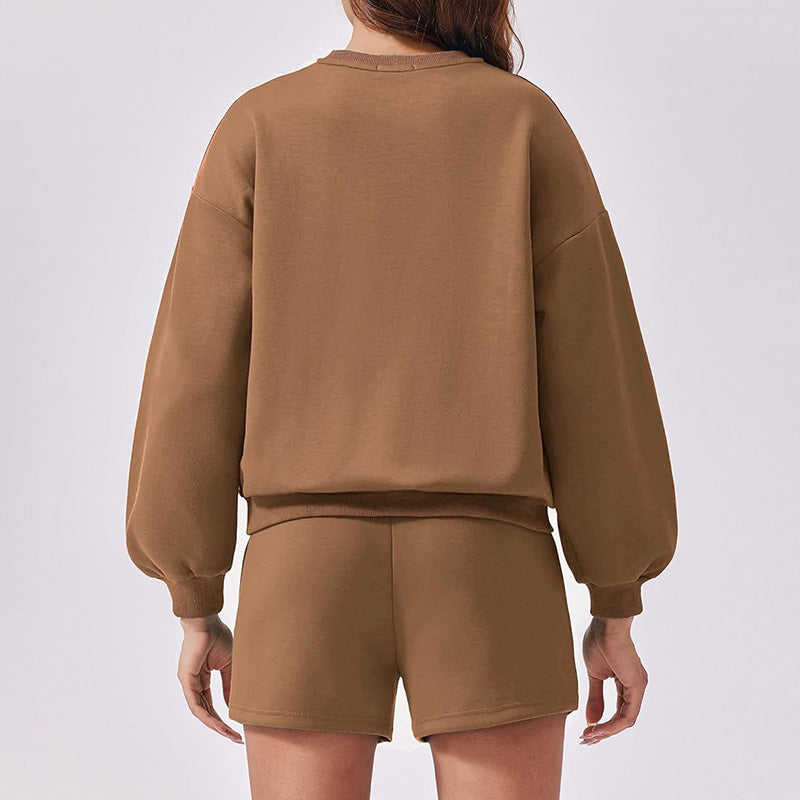 Round neck loose casual sweatshirt+Loose-fitting athletic shorts 2-piece set