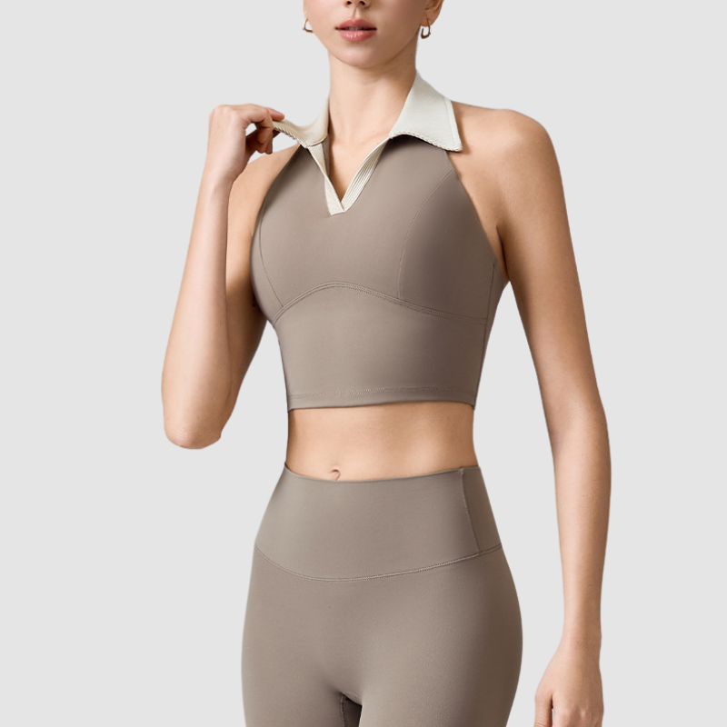 Wholesale Women's Contrast Collar Sports Bra – Fixed Cup POLO Collar Fitness Yoga Bra