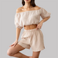 Wholesale Women's Off-Shoulder Shorts Set – Ruched Waist Two-Piece Casual Vacation Outfit