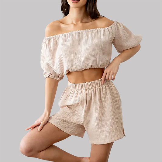 Wholesale Women's Off-Shoulder Shorts Set – Ruched Waist Two-Piece Casual Vacation Outfit