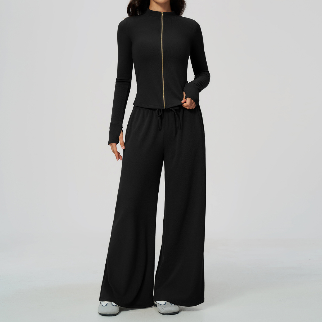 Wholesale Women's Stand-Collar Zip Jacket & Wide-Leg Pants Yoga Set