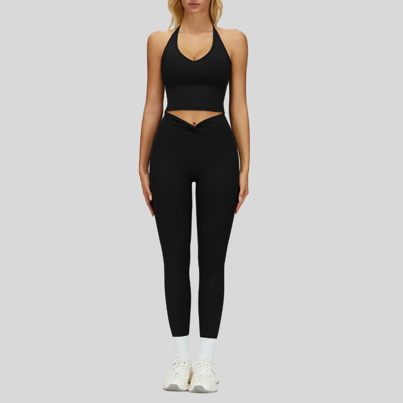 Removable Bra Pad Tank top+Pleated waistband sport leggings 2-piece set