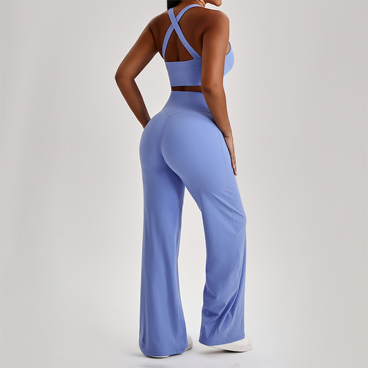 Wholesale Women's Peach Lift High Waist Flare Pants Yoga Set – Cross Back Sports Bra 0258