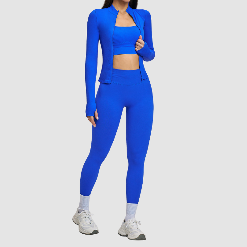 Wholesale Cross Shoulder Strap Bra+Legging+Jacket 3-Piece | Wonderxfans bulk activewear